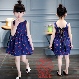 Đầm xoè hở lưng cột nơ hình cherry bé gái