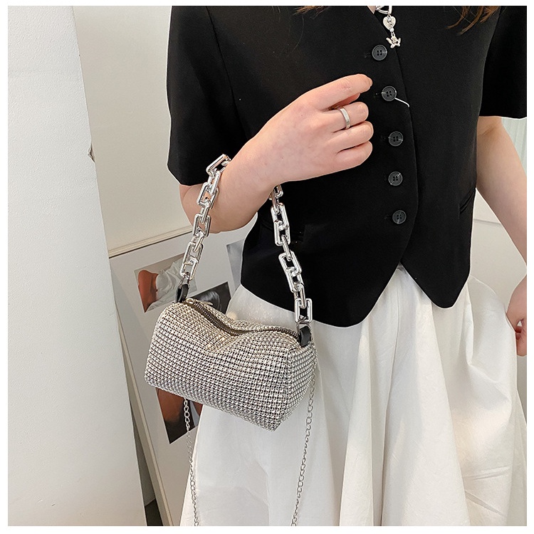 Túi Đeo JASMIN NOIR Vai Nắp Gập Đính Đá Phối Dây Xích Thời Trang Cho Nữ