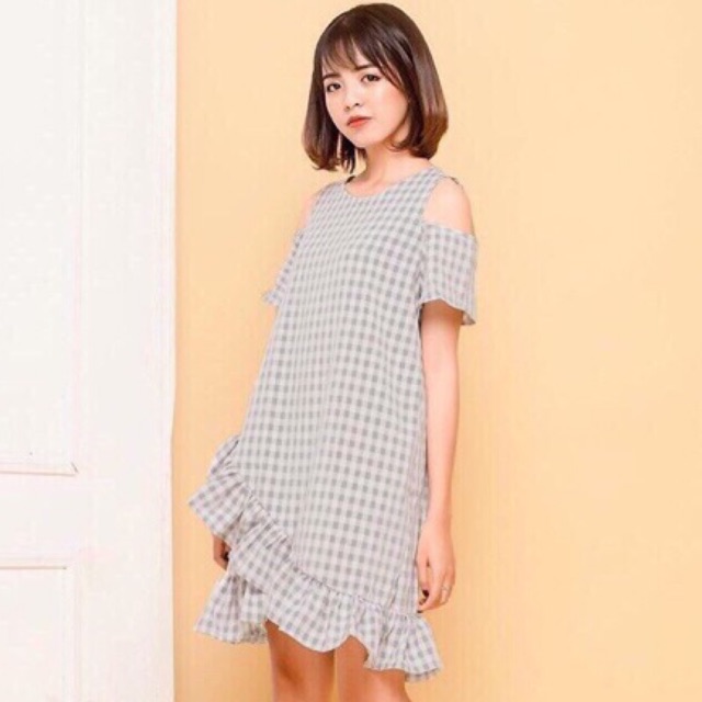 Đầm caro trễ vai bèo ( kèm clip + ảnh thật)