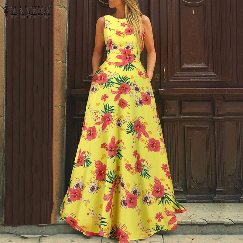 ZANZEA Đầm Dài Dáng Chữ A In Họa Tiết Hoa Kèm Túi Và Thắt Lưng Phong Cách Châu Âu Thời Trang Cho Nữ