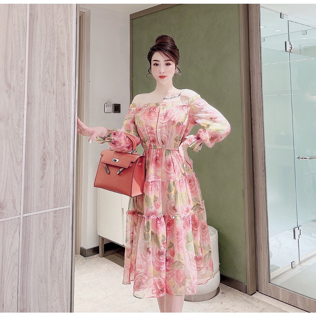 Đầm hoa siêu xinh 🔸 HÀNG CAO CẤP 🔸 váy nữ trễ vai chất liệu tơ mềm mát, không bai xù và có độ co giãn nhẹ | BigBuy360 - bigbuy360.vn