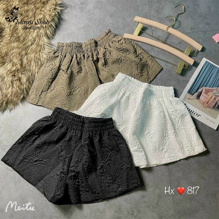 Quần đùi nữ cạp chun có 2 TÚI sâu to, quần short nữ lưng cao ống rộng vải xốp phồng 3D cao cấp Minxu Shop QX30
