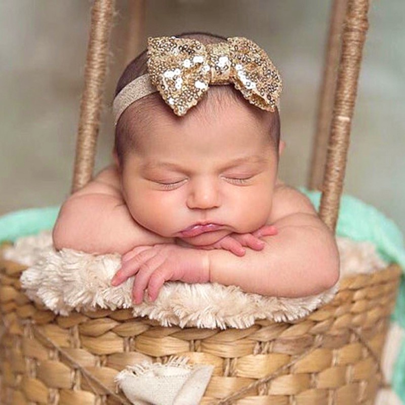 Băng đô cho bé sơ sinh turban nơ to đính sequin óng ánh, vòng đầu kim sa công chúa kiểu dáng Hàn Quốc quà tặng shopNEM
