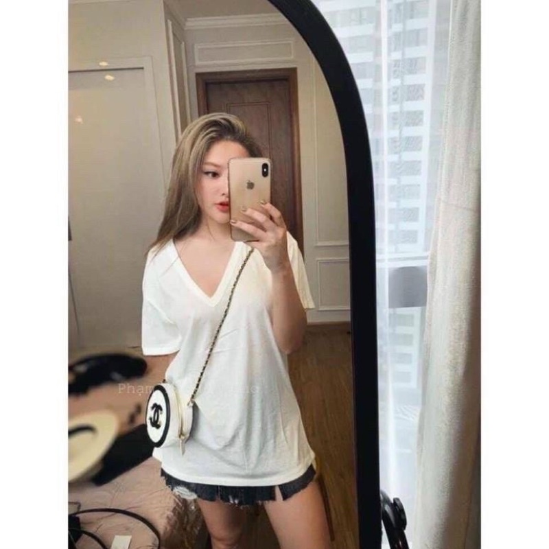 Áo thun cotton giấy form rộng cổ tim cuộn zara