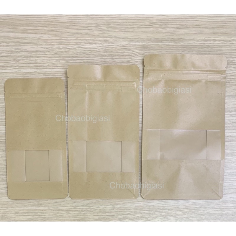 {1kg/ size} Túi zipper giấy Kraft Vàng 8 CẠNH đáy đứng cửa sổ tràn CÁN MÀNG-CHỐNG THẤM NƯỚC (có sẵn 6 size - sp y hình)