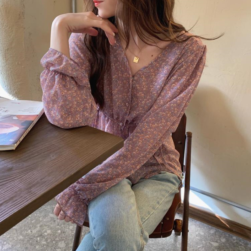 Áo Sơ Mi Chất Chiffon Tay Dài Cổ Chữ V Hoạ Tiết Hoa Phong Cách Retro