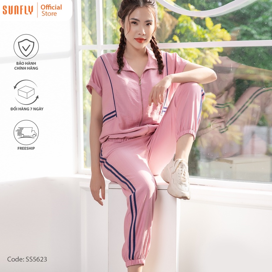Bộ đồ mặc nhà nữ thể thao linen SUNFLY kéo khóa áo cộc tay, quần dài SS5623