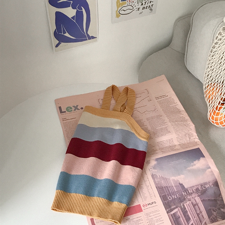 SUXI Áo 2 dây ngắn họa tiết sọc màu đơn giản thời trang Hàn Quốc cho nữ