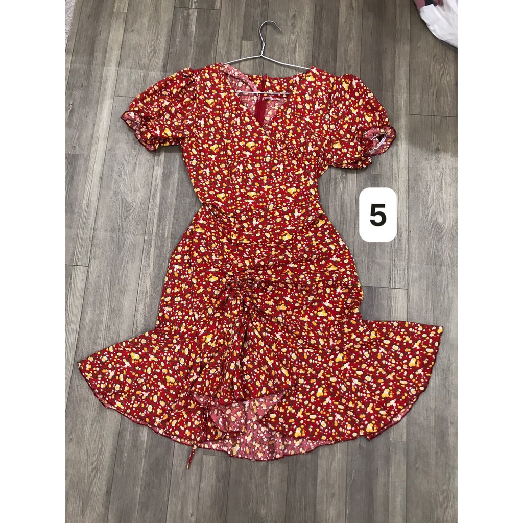 Đầm hoa tay ngắn cổ tim rút dây hông + Ảnh thật