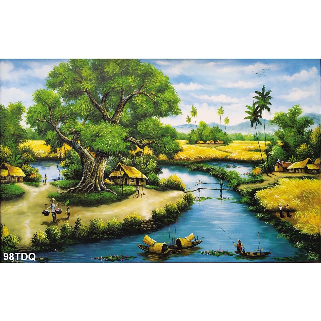 TRANH DÁN TƯỜNG PHONG CẢNH LÀNG QUÊ VIỆT NAM GIẢ SƠN DẦU, TRANH ĐỒNG QUÊ , TRANH QUÊ HƯƠNG, T