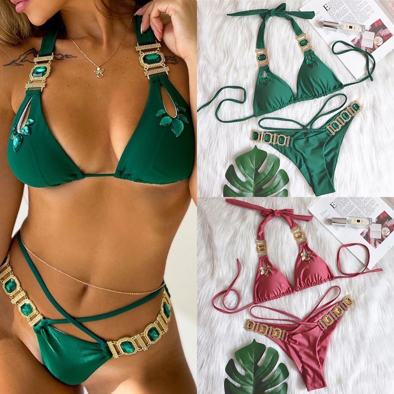 [BKN307] &lt;ÂU&gt; SET BIKINI MIX ĐÁ DÂY EO XANH/HỒNG (CHUN MÔNG)