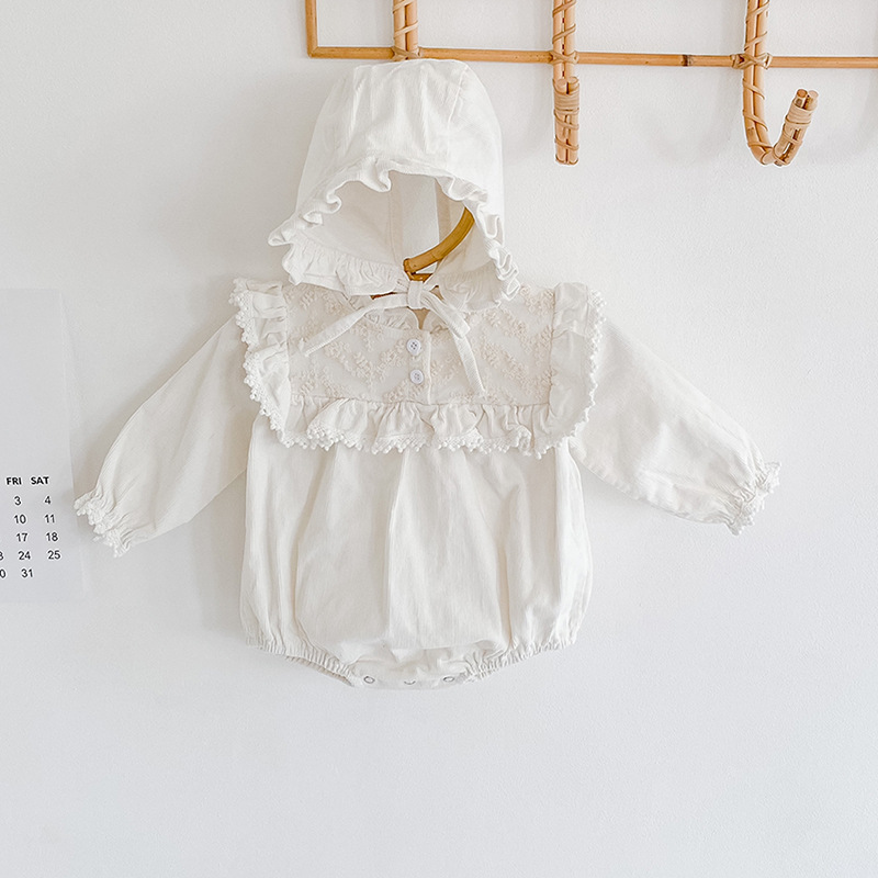 Jumpsuit Tay Dài Chất Cotton Phối Ren Hoa + Nón Cho Bé Gái 2020