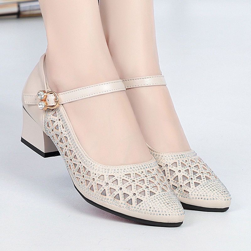 Giày Cao Gót Da Mềm Phối Lưới Thoáng Khí Chống Mòn Size 35-39 Thời Trang Mùa Hè Cho Phụ Nữ Trung Niên