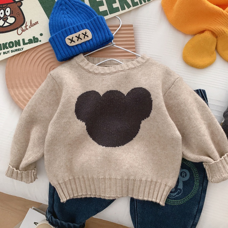 Áo Sweater Dệt Kim Tay Dài Cổ Tròn In Hình Gấu Hoạt Hình Giữ Ấm Cho Bé Trai