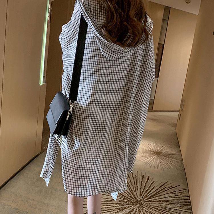 Hàng Mới Về Áo Khoác Sơ Mi Caro Dáng Rộng Dài Ngang Gối Có Mũ Trùm Thời Trang Mùa Thu 2019 Plus Size 200 Cho Nữ
