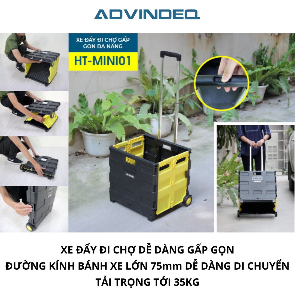 Xe kéo đi chợ gấp gọn 2 bánh đa năng ADVINDEQ HT-SP02, tải trọng 35kg, công nghệ Đài Loan cao cấp, bảo hành 12 tháng