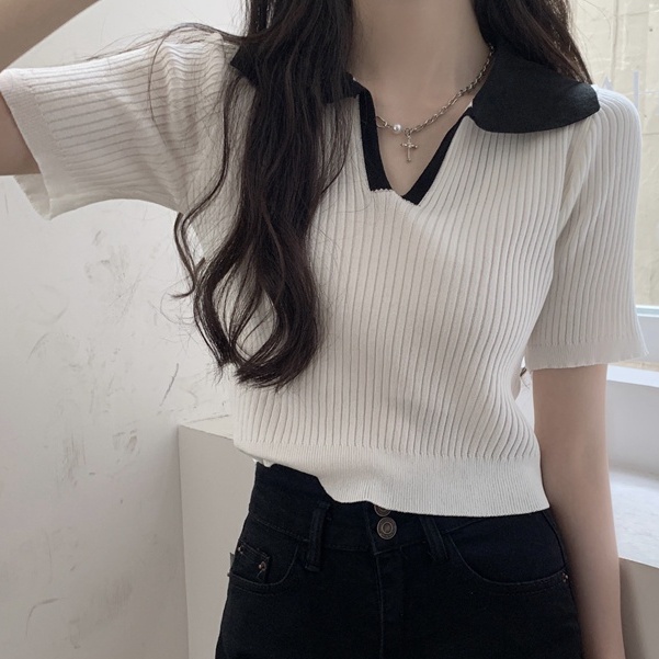 Áo Thun polo Ngắn Tay Màu Sắc Tương Phản Phong Cách Hàn Quốc Cho Nữ