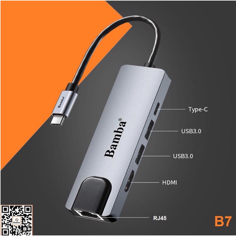 (Hàng chính hãng) HUB CHUYỂN ĐỔI USB-C - 2 USB 3.0+ 1 USB C+ 1 HDMI+ 1 RJ45 (1000) BAMBA B7 (5.1)