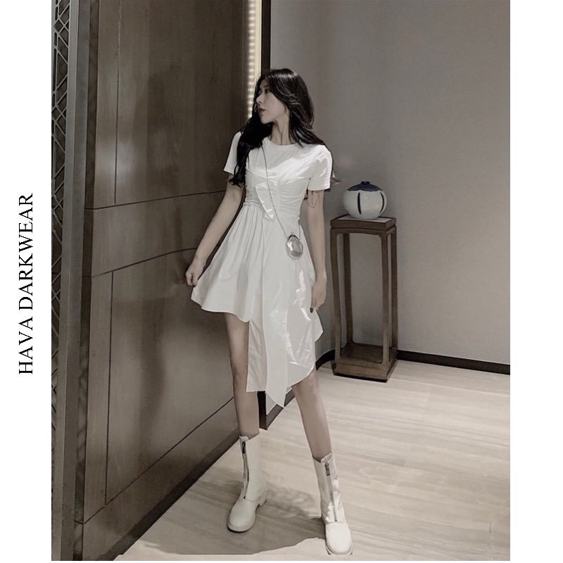 Áo váy thun cộc tay chất thun cotton thân nhún vạt dài ngắn chất thô V82