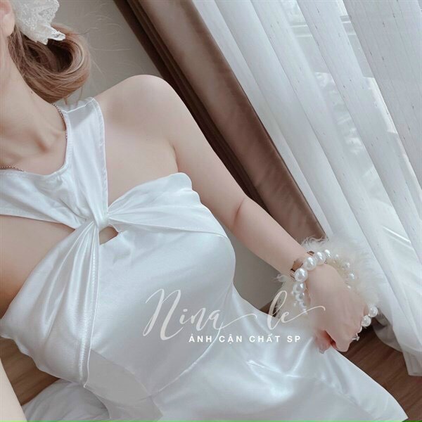 Đầm váy nữ phi lụa họa tiết màu trắng quý phái, cổ dây trẻ trung sang trọng thanh lịch