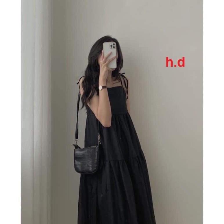Váy hai dây buộc nơ vai hai màu basic dáng suông xòe tiểu thư dễ mặc freesize phom rộng đi biển