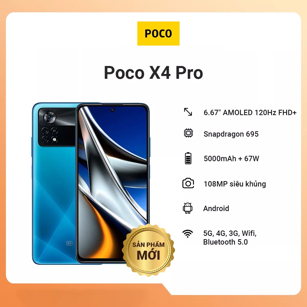 Điện thoại Xiaomi POCO X4 Pro 5G | AMOLED 120Hz | Bộ ba camera 108MP l Sạc nhanh 67W - Hàng Chính Hãng