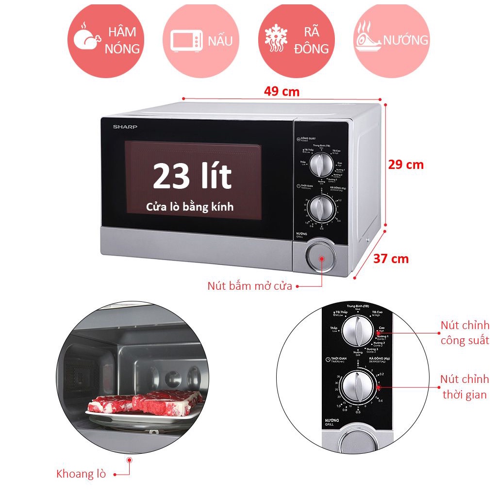 Lò vi sóng Sharp R-G302VN-S 23 lít có nướng-Chính Hãng Trưng bày, công suất 800W-1000W Kết hợp chức năng nướng