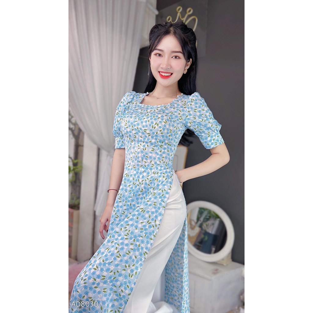 Áo dài cách tân nữ hoa nhí tay phồng cổ vuông quyến rũ không kèm quần CHUU AD8030