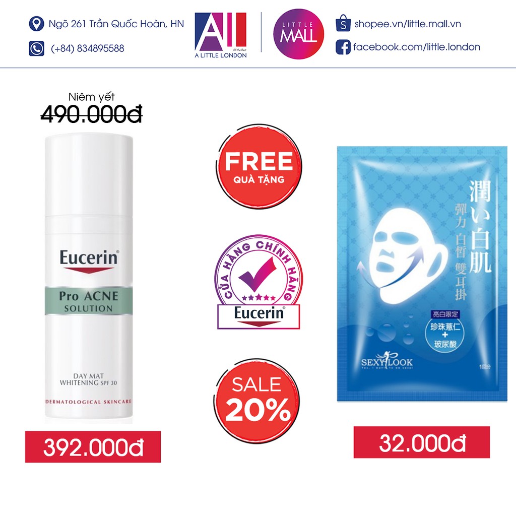 Kem dưỡng chống nắng trắng da ngừa mụn ban ngày Eucerin Pro Acne Day Mat Whitening 50ml SPF 30 TẶNG mặt nạ Sexylook(Nhập