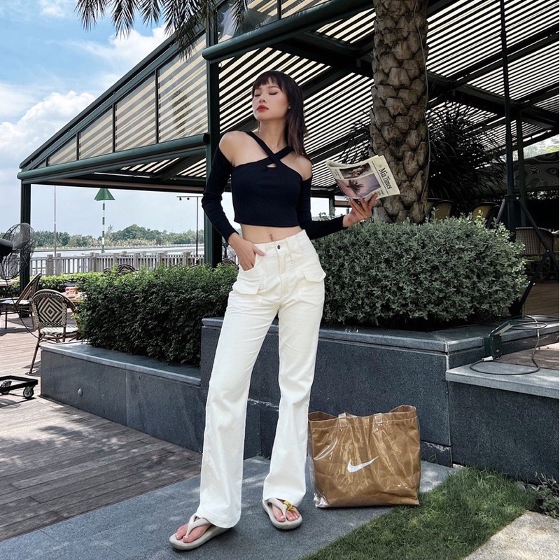 Áo thun kiểu nữ chéo vai tay dài sexy Michi,áo croptop nữ tay dài