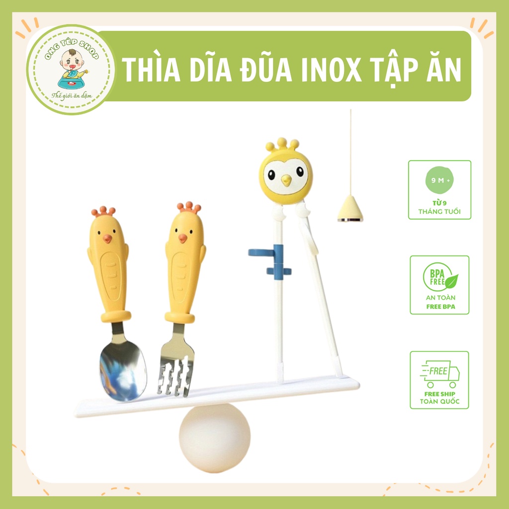 [Tổng hợp] Bộ thìa dĩa đũa tập ăn inox 304 cho bé giúp bé tập xúc và tập gắp happy cat