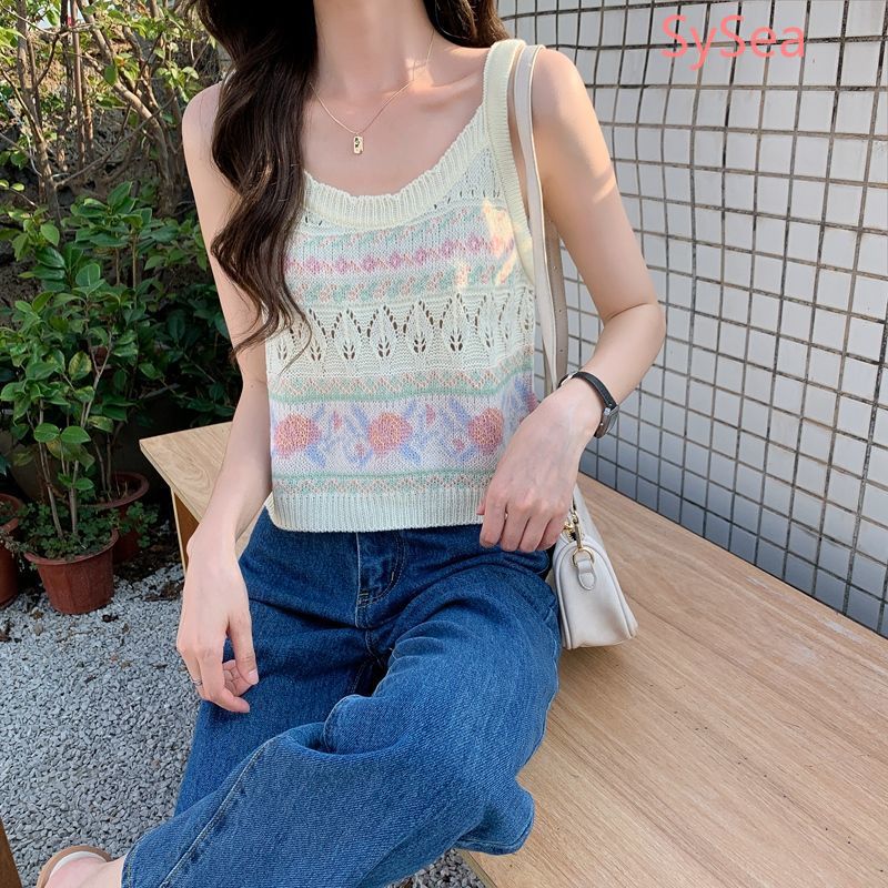 Áo Croptop Dệt Kim Không Tay Kiểu Retro Pháp Thời Trang Mùa Hè Cho Nữ