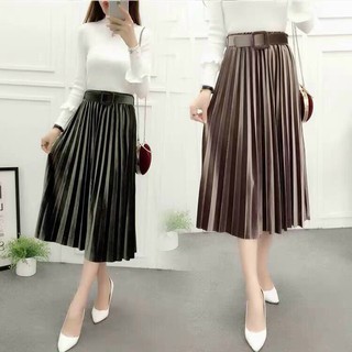 Chân váy nhung xếp ly xòe midi dài Quảng Châu kèm đai lưng cạp cao dáng chữ A sang trọng