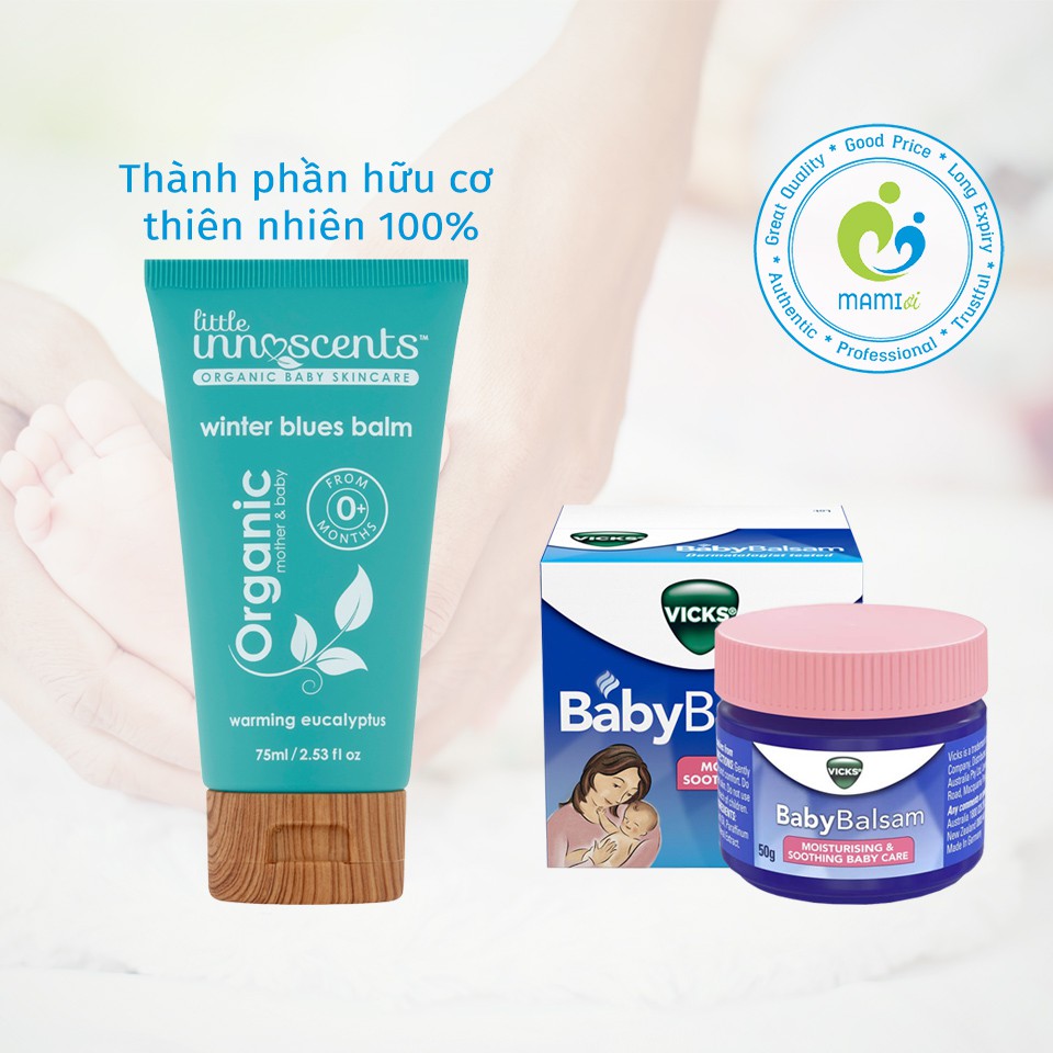 Bộ sản phẩm dầu bôi ấm ngực chống cảm cho bé từ 3 tháng tuổi Vicks Baby Balsam (50g)/Little Innoscents Organic (75ml) Úc