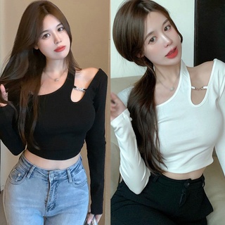 Áo thun crop top tay dài thiết kế bất đối xứng