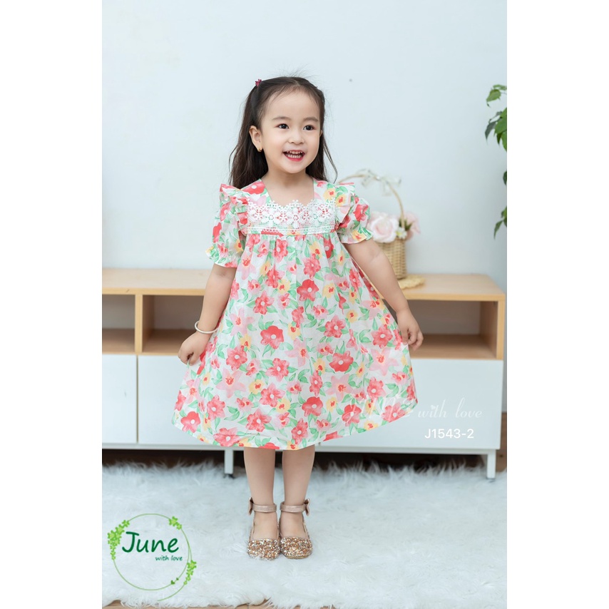 [xả kho] Váy đầm cho bé gái June vải thô mềm hoa vàng hồng tay bồng Váy bé gái dáng suông chữ A - VJ