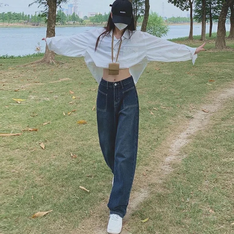 Quần Jean Dài Lưng Cao Ống Rộng Thiết Kế Mới Thời Trang Mùa Thu Dành Cho Nữ