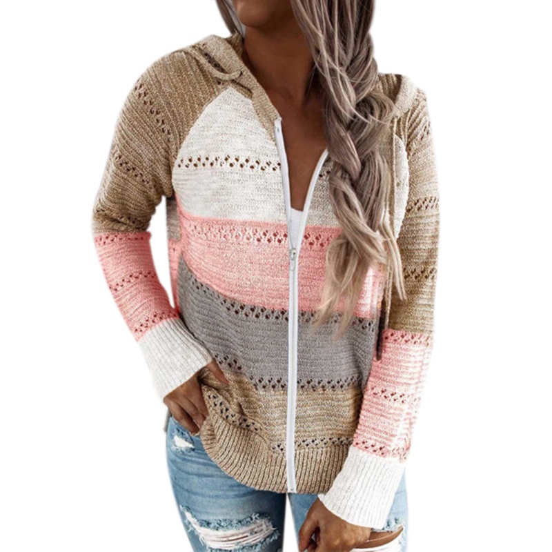 Áo Khoác Sweater Dệt Kim Tay Dài Có Dây Rút Họa Tiết Khối Màu Sắc Thời Trang Mùa Thu Cho Nữ