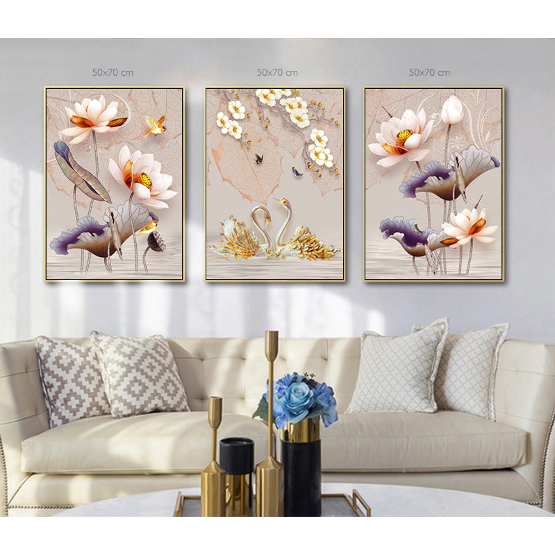 Bộ 3 Tranh Treo Tường Canvas Hoa Sen Và Thiên Nga 30 x 45 cm x 3 TTT-0592