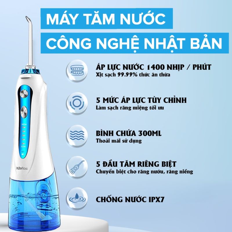 Máy tăm nước JIASHI tăm nước cầm tay H2oFloss HF9P công nghệ Nhật làm sạch răng tặng kèm 5 đầu xịt bình chứa 300ml MTN02
