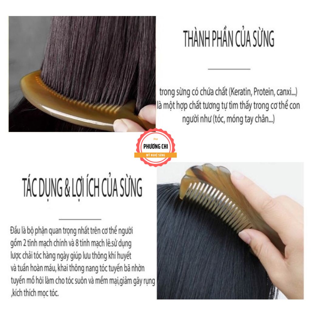 Lược sừng chạm khắc hình công tỉ mỉ đẹp, lược chải tóc gỡ rối massage đầu | Mỹ nghệ phương chi