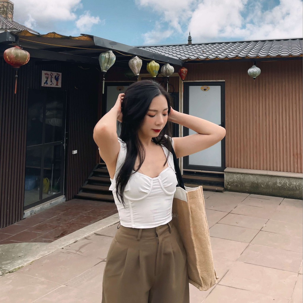 Áo hai dây cúp ngực buộc nơ bản to thiết kế T-Ju chất thun co giãn cao cấp dáng croptop | BigBuy360 - bigbuy360.vn