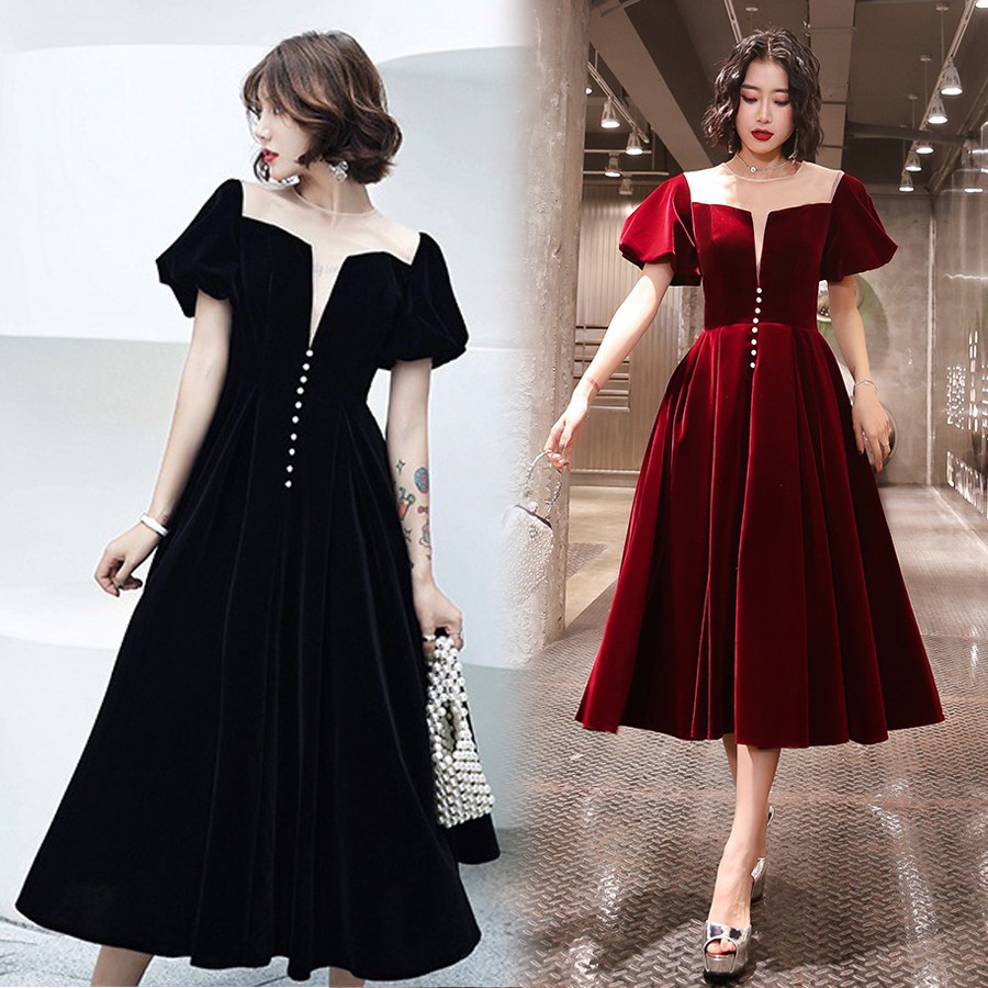 Đầm nhung phối ren cổ - VBEO227B