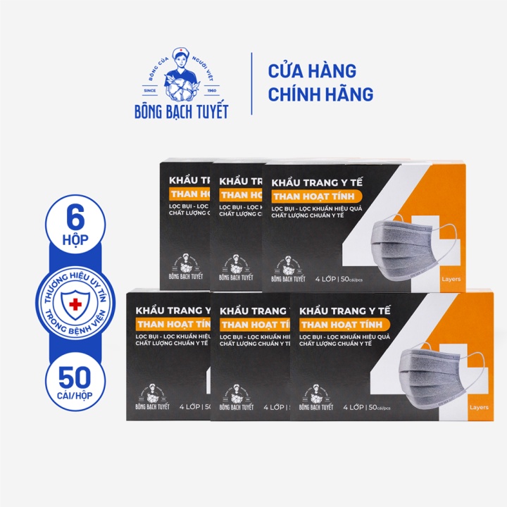 Combo 6 Hộp Khẩu trang Bông Bạch Tuyết than hoạt tính (50 cái/hộp)