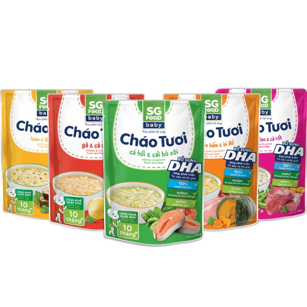 Lốc 54 - Combo 5 Cháo Tươi Baby Sài Gòn Food 240g (Gà, Thịt Bằm, Bò, Lươn, Cá Hồi)