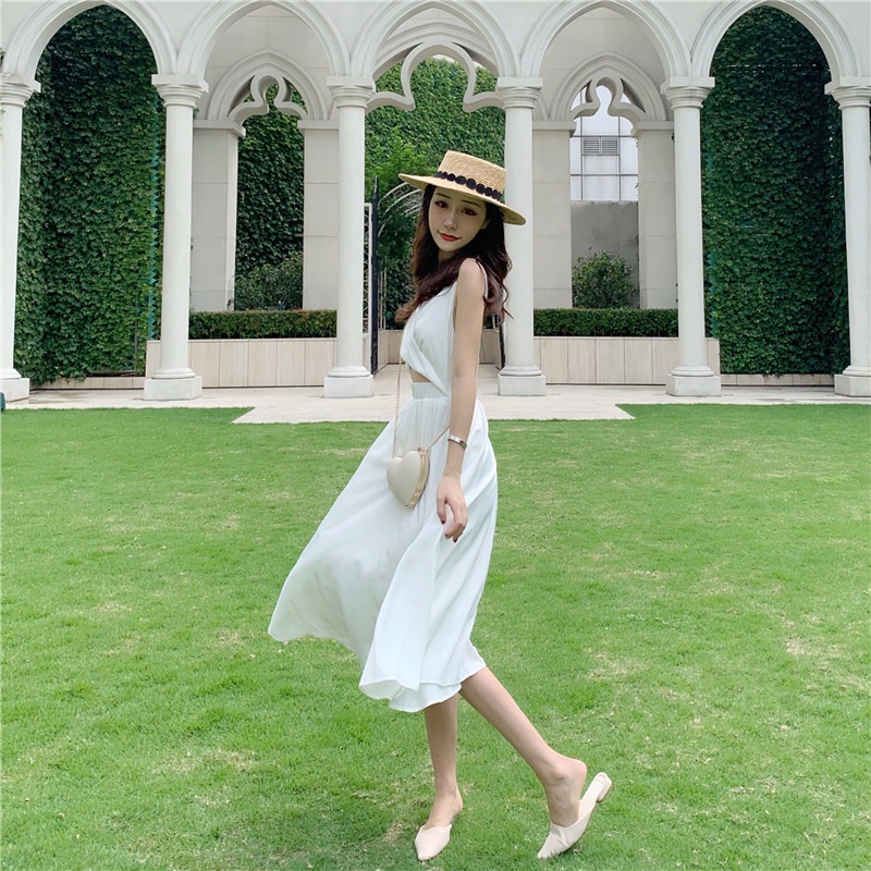 IELGYÁo Đầm Lửng Không Tay Cổ Chữ V Màu Trơn Có Khóa Kéo Thời Trang Cho Nữ