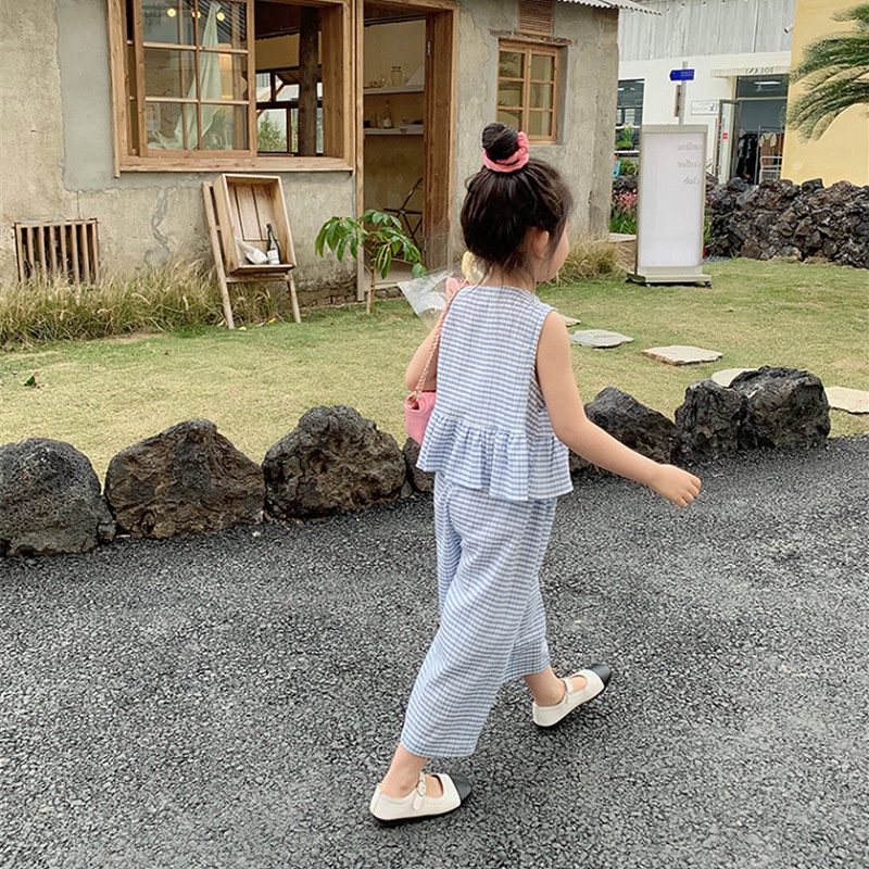 Bộ Áo Sát Nách Cổ Tròn Xếp Ly + Quần Dài Ống Rộng Thời Trang Mùa Hè Hàn Quốc Cho Nữ