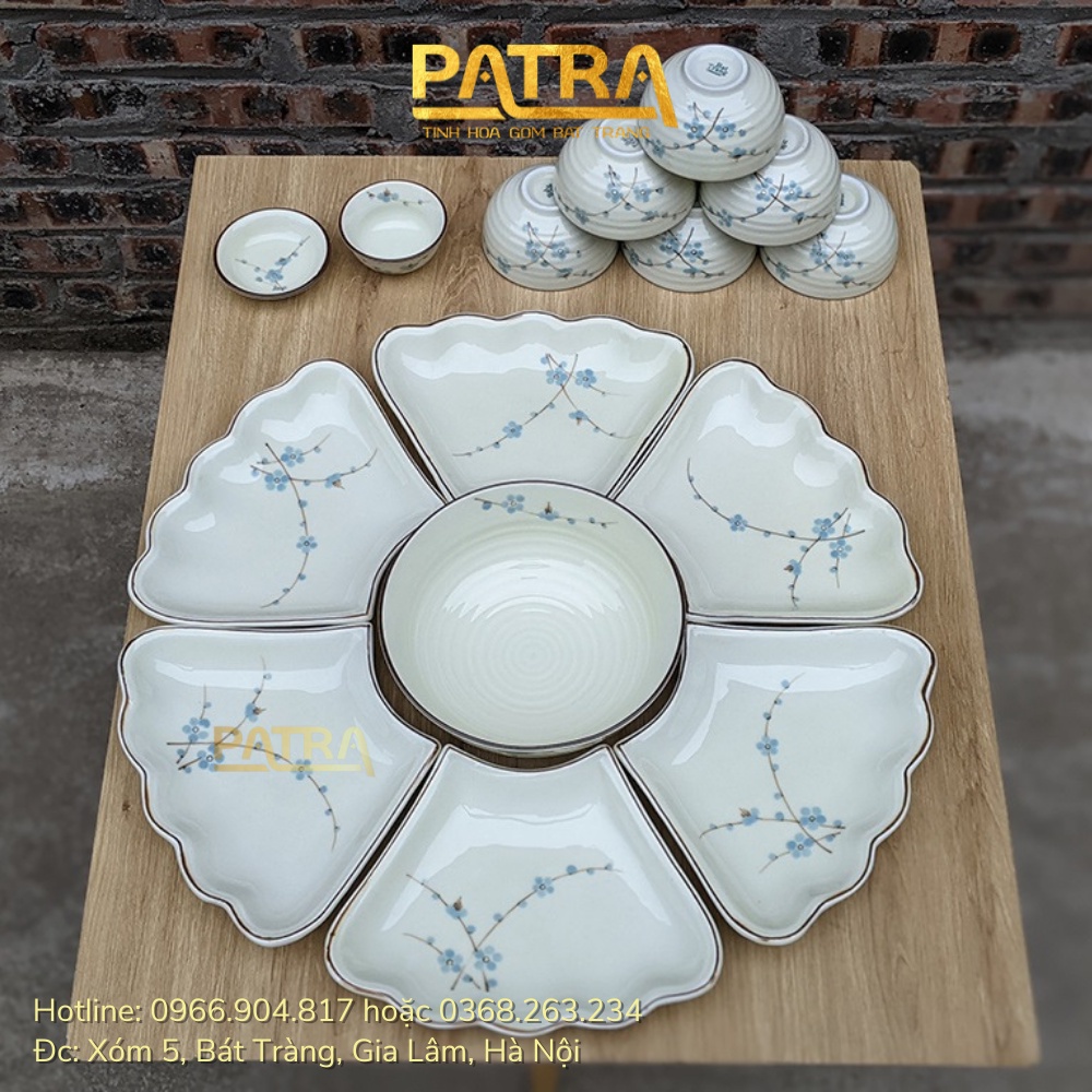 Bộ bát đĩa hoa mặt trời, bát đĩa sứ men kem Bát Tràng họa tiết hoa đào xanh thờ cúng gia tiên
