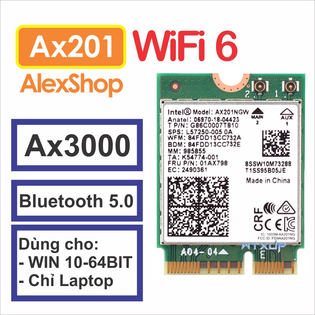 Card AX210 / Ax200 / Ax201 Wifi 6E/WiFi6 3000M Bluetooth 5.2/ 5.0 Khe Cắm m2 Thích Hơp cho PC Laptop