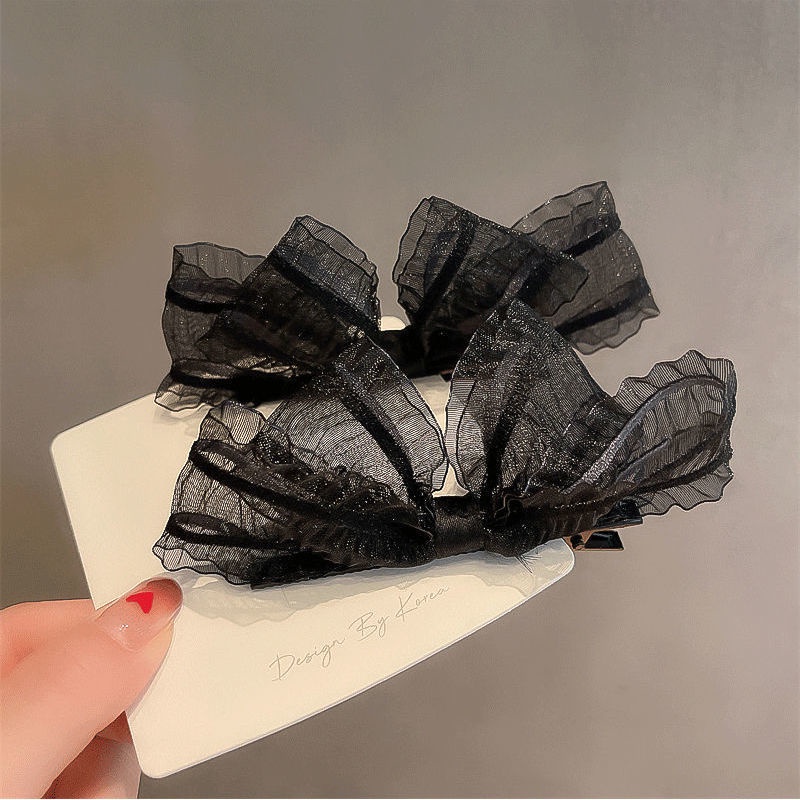 Nơ Kẹp Tóc Phối Ren Đen Trắng Phong Cách Nhật Bản